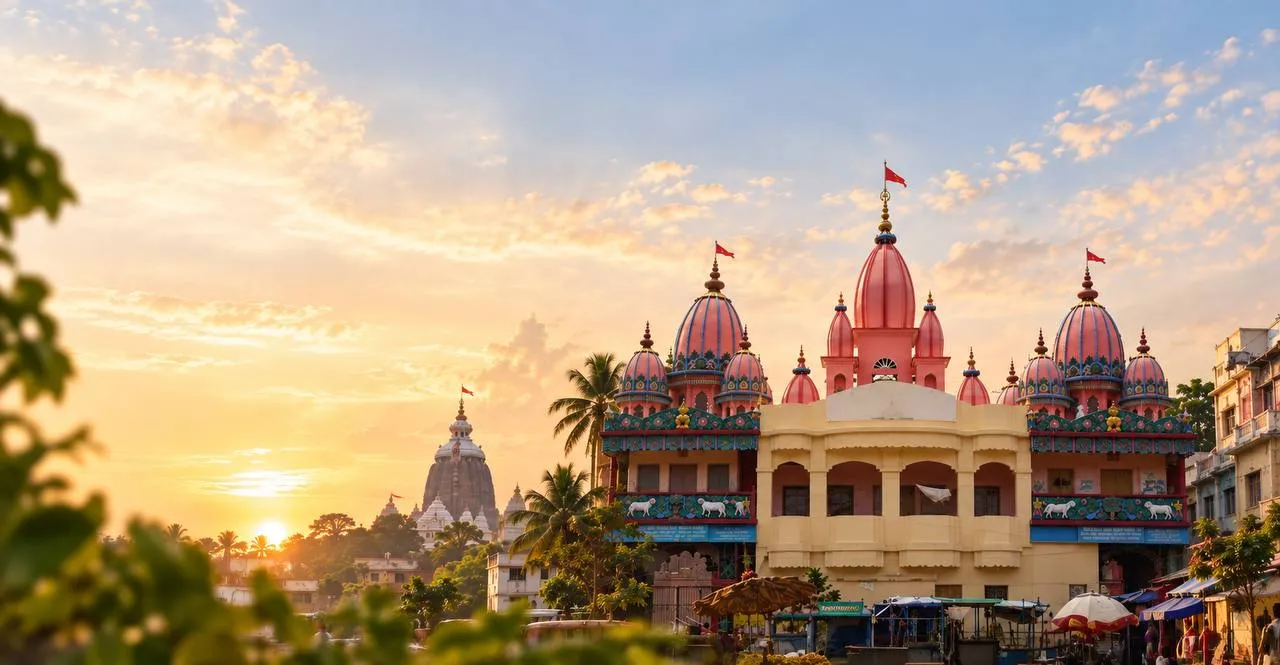 The domes of the Math at sunset, with Sri Mandira on the skyline beyond — Shree Chaitanya Gaudiya Math, Puri